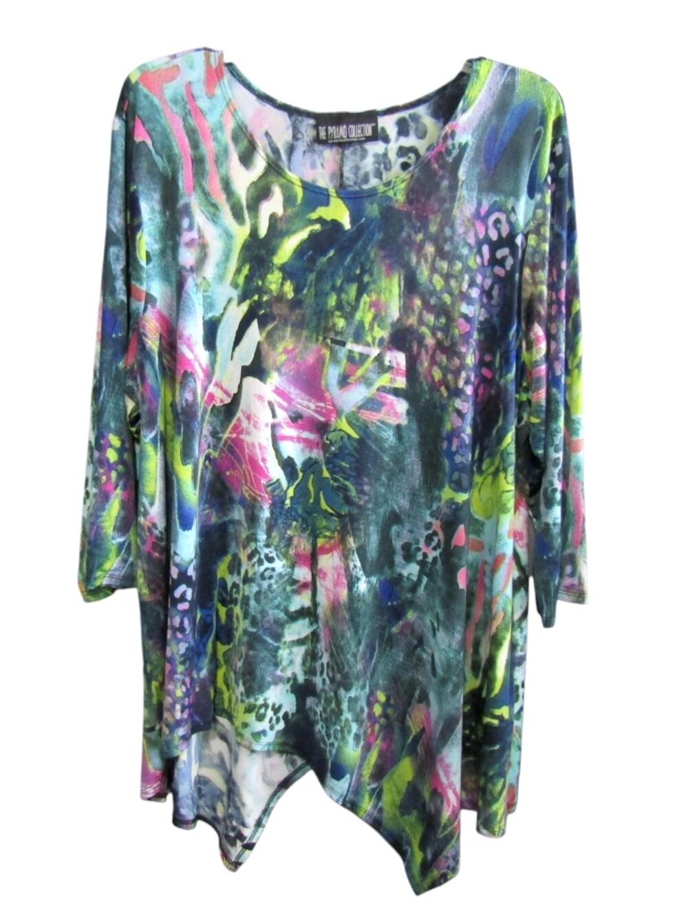 The Pyramid Collection Multicolor Tunic Top 2XL Abstract Animal Sharkbite Hem